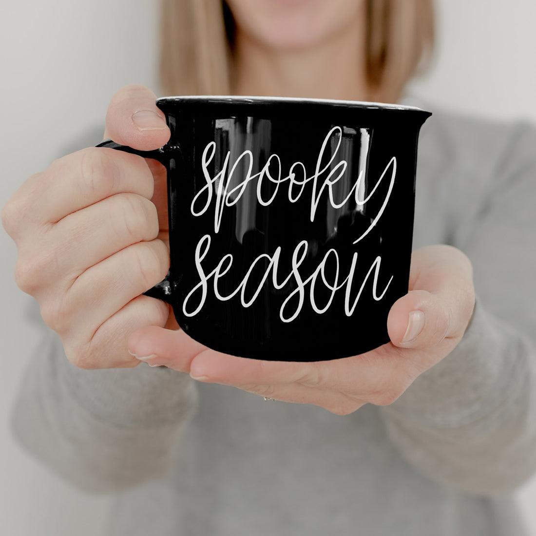 Black Spooky Season Coffee Mug with White Gothic Text, 14.5oz Ceramic Halloween Mug